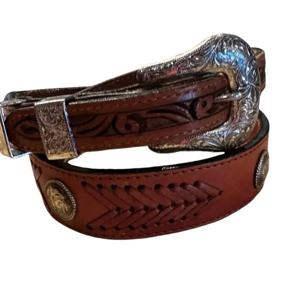 Nocona Boots Mens Size 30 Brown Leather Western Belt with Silver Buckle